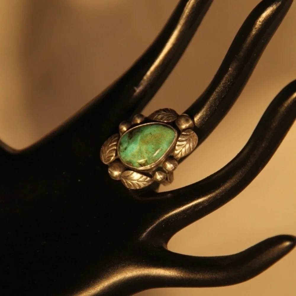 Vintage Sterling Silver Turquoise Leaf Statement Ring Size 6 Southwestern Boho - Picture 4 of 5
